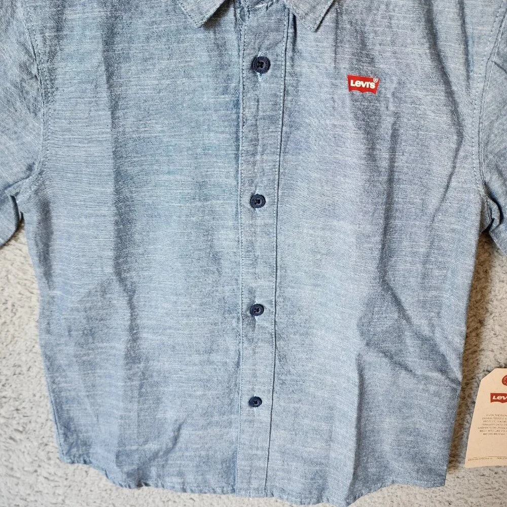 NEW LEVI'S Blue Heather Logo Short Sleeve Button Up‎ Shirt Youth Size 7R Cotton